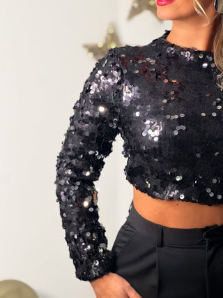 Blouse courte à sequins ROMY - NOIR (9722550223171)